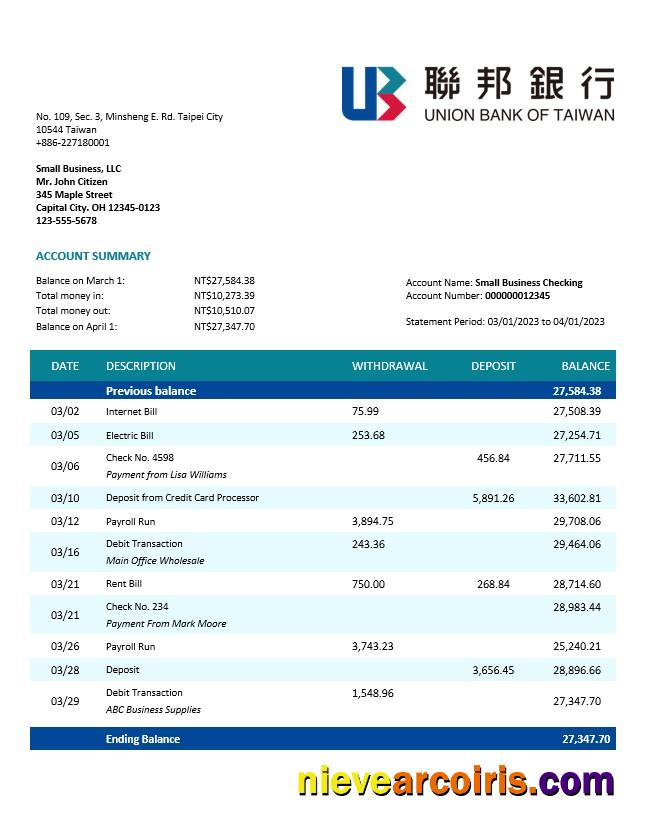 Union Bank of Taiwan company account statement